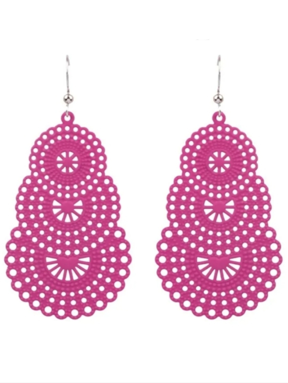 Fuchsia Hot Pink Bohemian Filigree Earrings Hollow Lace Tiered CutOut